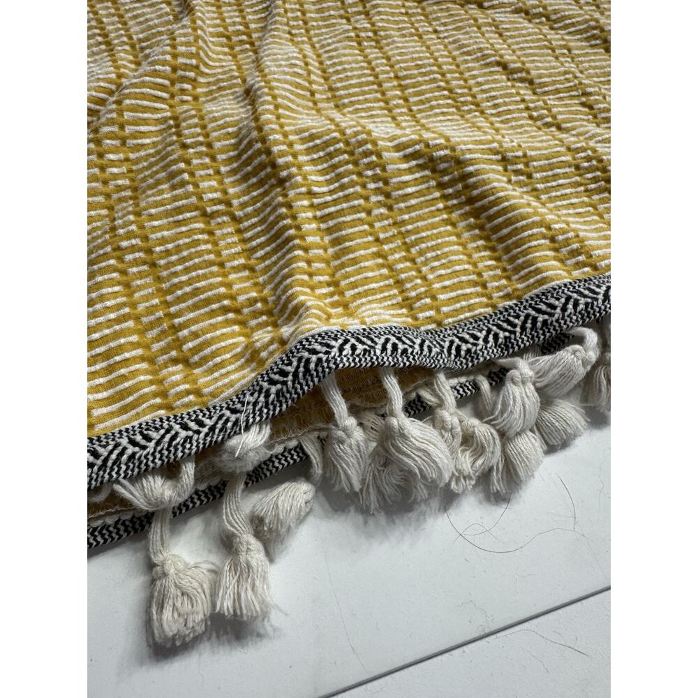 Anthropologie W5 Yellow Striped Tank Top Black Trim White Tassel Fringe Size M - Picture 2 of 7